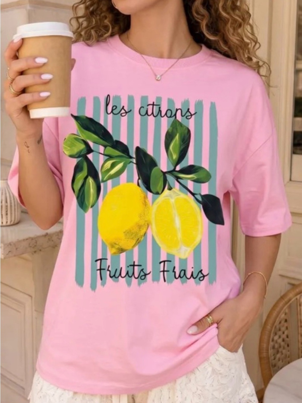 Pink Lemon Graphic Tee - Yellow & Green Fruit Print